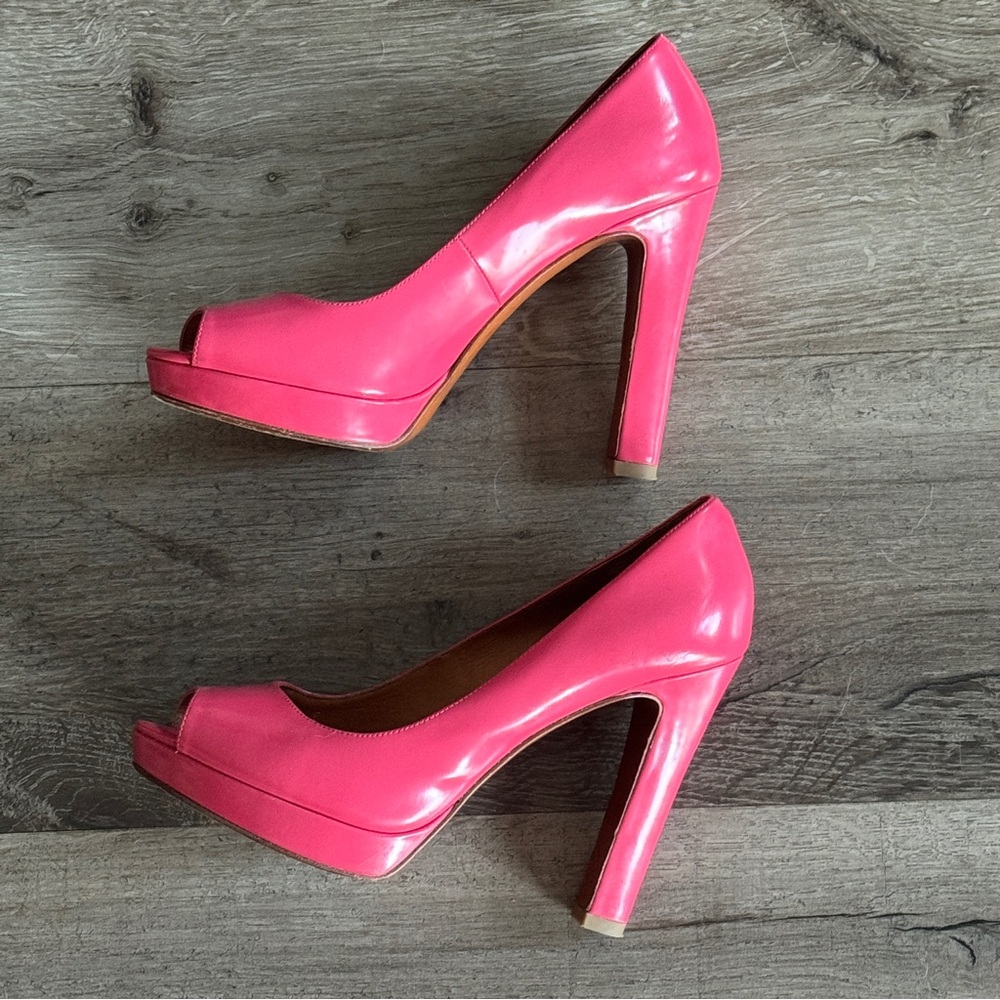 $298 MARC by MARC JACOBS Coral Pink Open Toe Designer Pumps size 39 heels 3”+